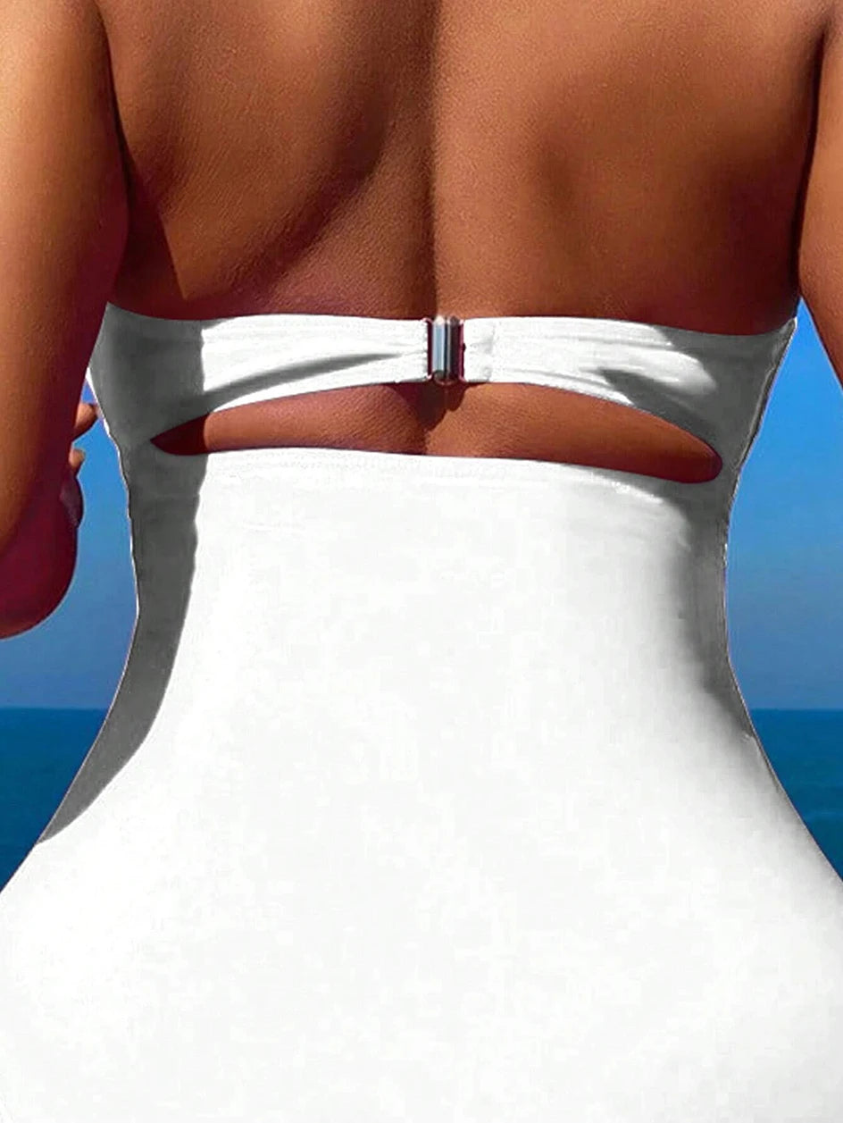 Maillot de bain une pièce à cordon de serrage pour femme, bikini taille haute, bandeau, dos nu, monokini, 2025