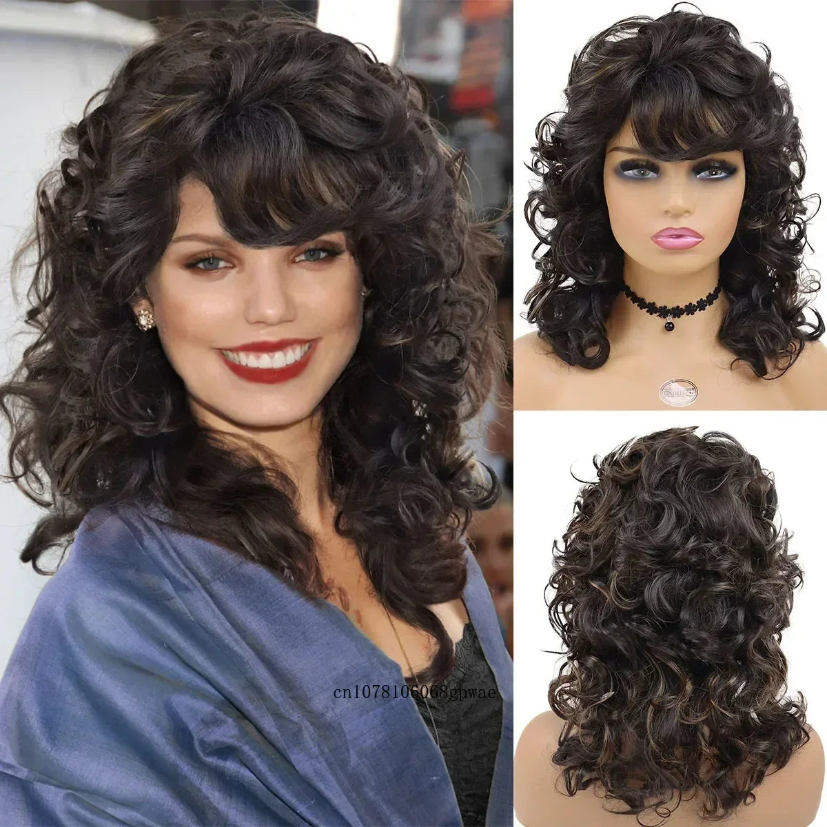 Perruques afro noires synthétiques avec frange pour femmes, perruques naturelles, moelleuses, rebondissantes et bouclées, résistantes à la chaleur, idéales pour un cosplay quotidien ou une fête.