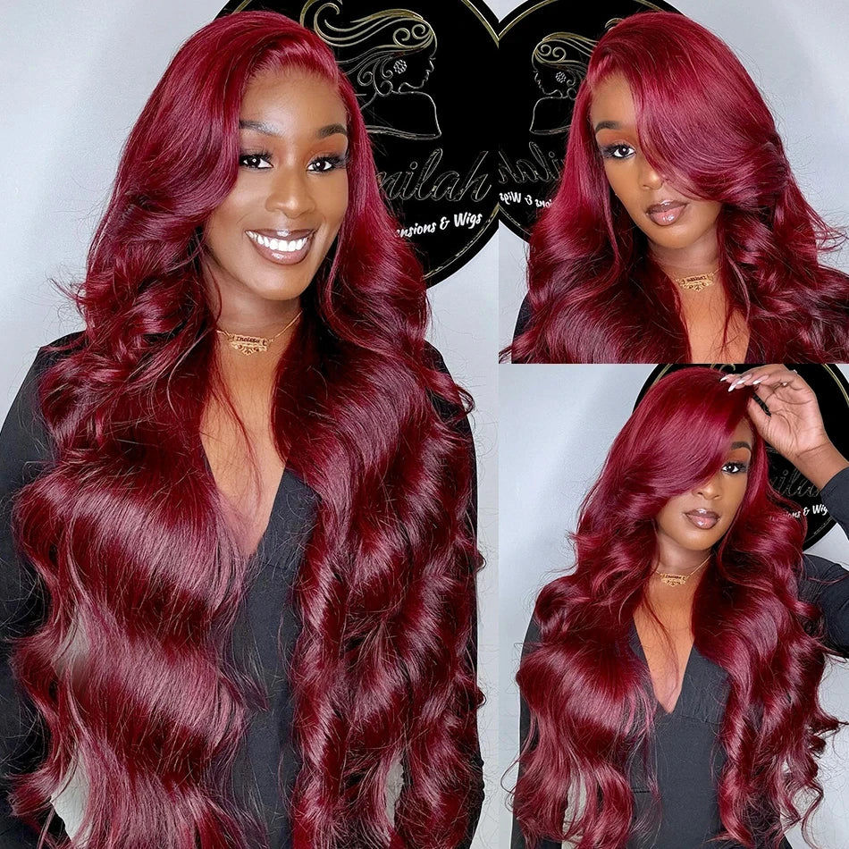 Perruque brésilienne Remy en cheveux humains ondulés bordeaux 99J, 13x6, avec dentelle frontale transparente, couleur rouge, pour femmes