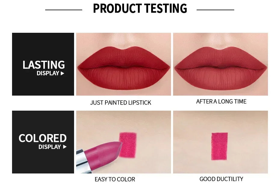 Rouges à lèvres mats 12 couleurs, longue tenue, waterproof, hautement pigmentés, fini velours, maquillage classique sans bavures