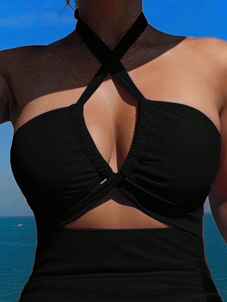 Maillot de bain une pièce à cordon de serrage pour femme, bikini taille haute, bandeau, dos nu, monokini, 2025