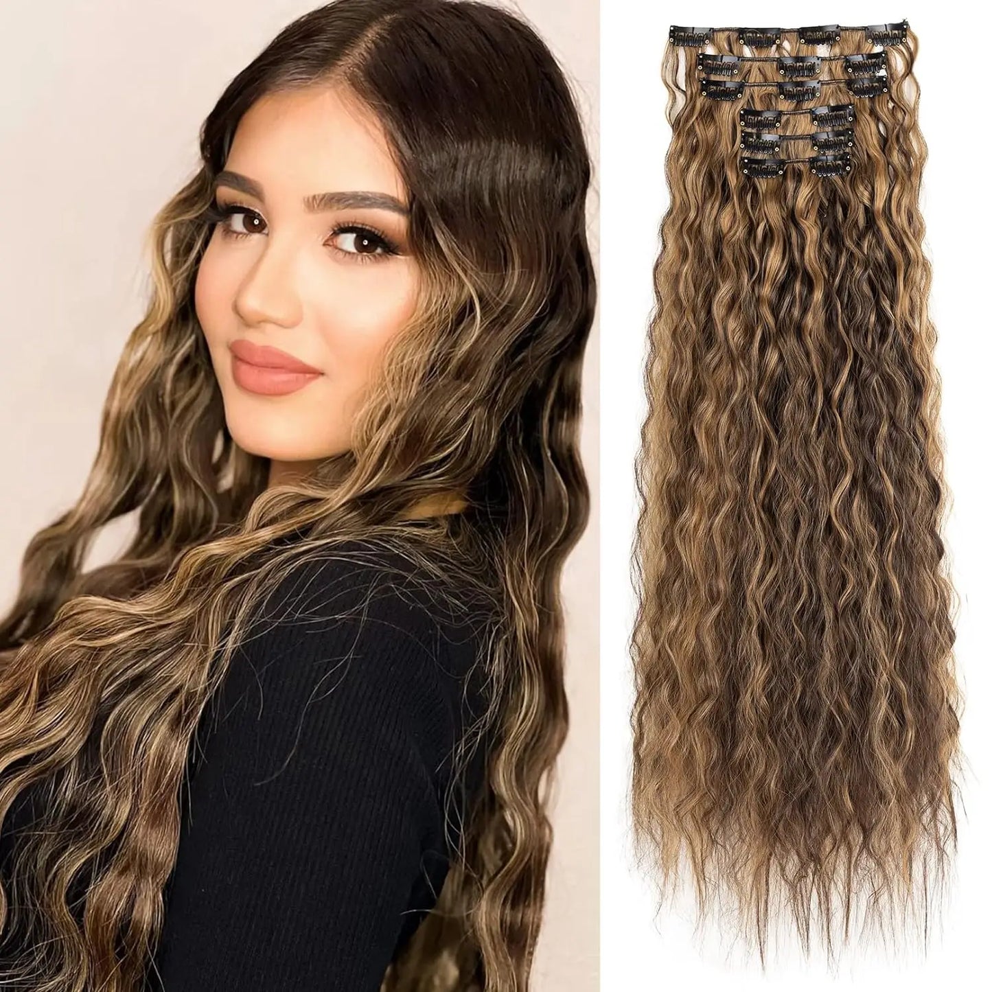 Extensions de cheveux à clipser, 16 clips, 55 cm de long, ondulées, pour femmes, tête complète, synthétiques