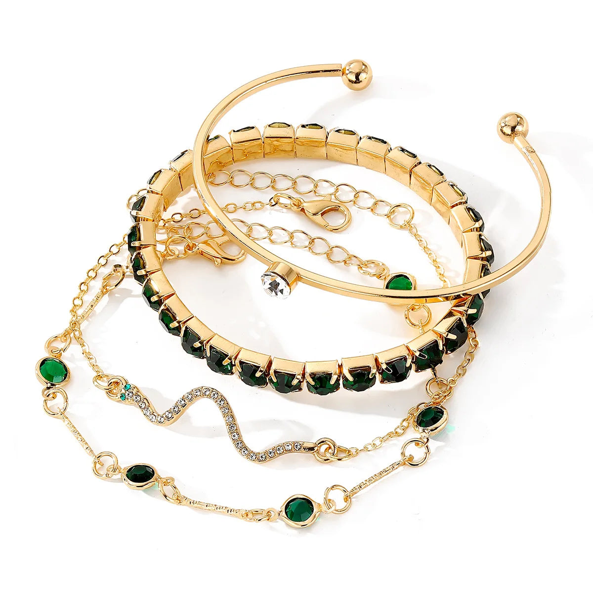 Lot de 4 bracelets tendance en métal et strass, imitation serpent, pour femme, idéal comme cadeau d'anniversaire ou de fête
