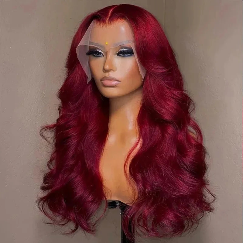 Perruque brésilienne Remy en cheveux humains ondulés bordeaux 99J, 13x6, avec dentelle frontale transparente, couleur rouge, pour femmes
