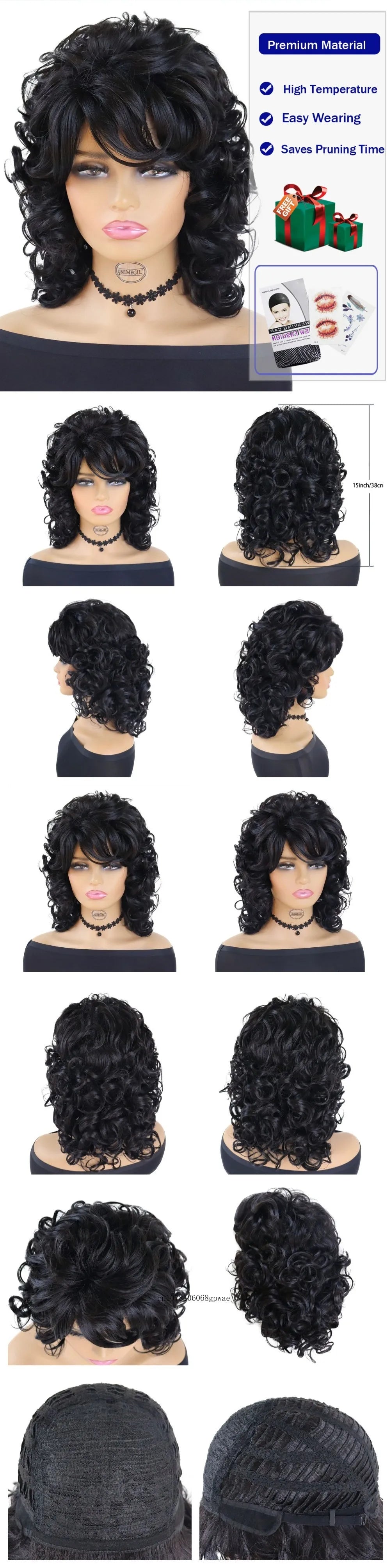 Perruques afro noires synthétiques avec frange pour femmes, perruques naturelles, moelleuses, rebondissantes et bouclées, résistantes à la chaleur, idéales pour un cosplay quotidien ou une fête.