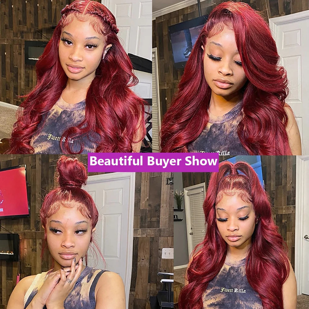 Perruque brésilienne Remy en cheveux humains ondulés bordeaux 99J, 13x6, avec dentelle frontale transparente, couleur rouge, pour femmes