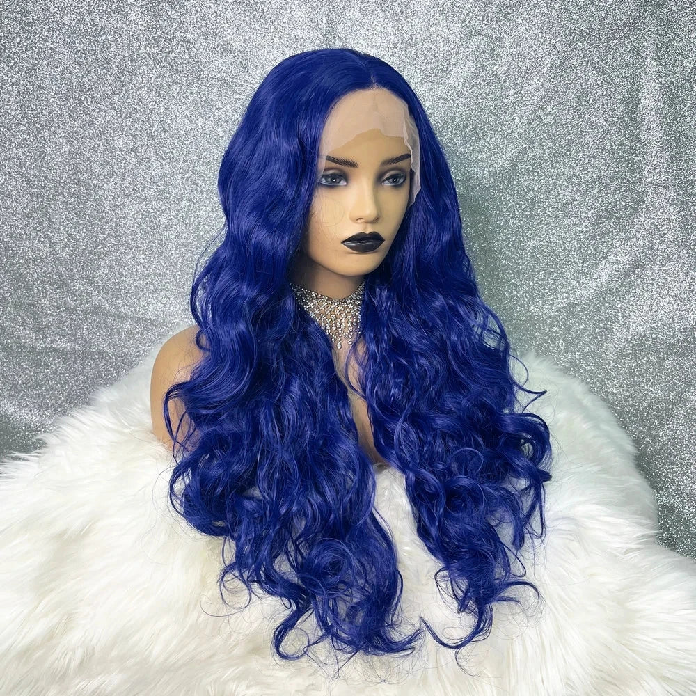 Perruque synthétique bouclée longue bleue, perruque sans colle de haute qualité, perruque frontale en dentelle bleu foncé pour femmes, perruques de cosplay haute densité