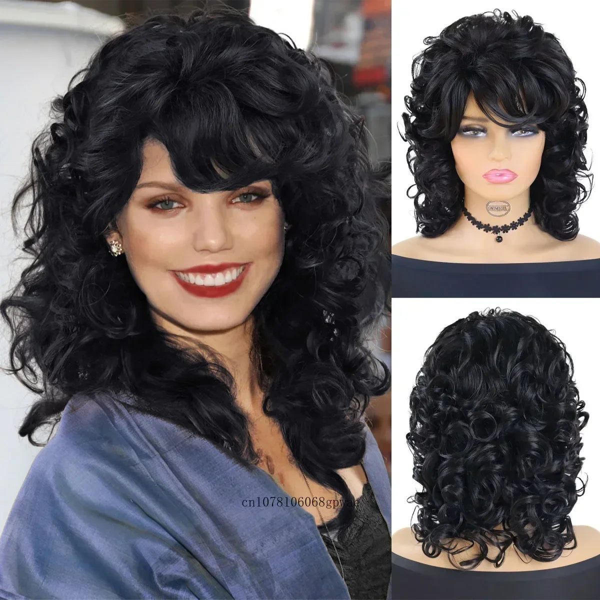 Perruques afro noires synthétiques avec frange pour femmes, perruques naturelles, moelleuses, rebondissantes et bouclées, résistantes à la chaleur, idéales pour un cosplay quotidien ou une fête.