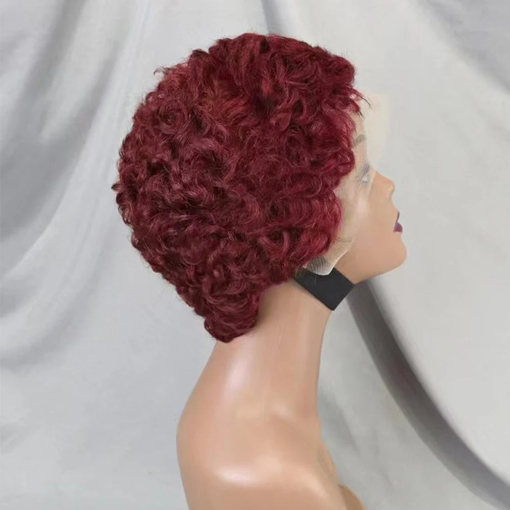 Perruques de cheveux humains bouclés avec dentelle frontale 13x4, coupe Pixie courte, couleur 99J, densité 180 % pour femmes noires
