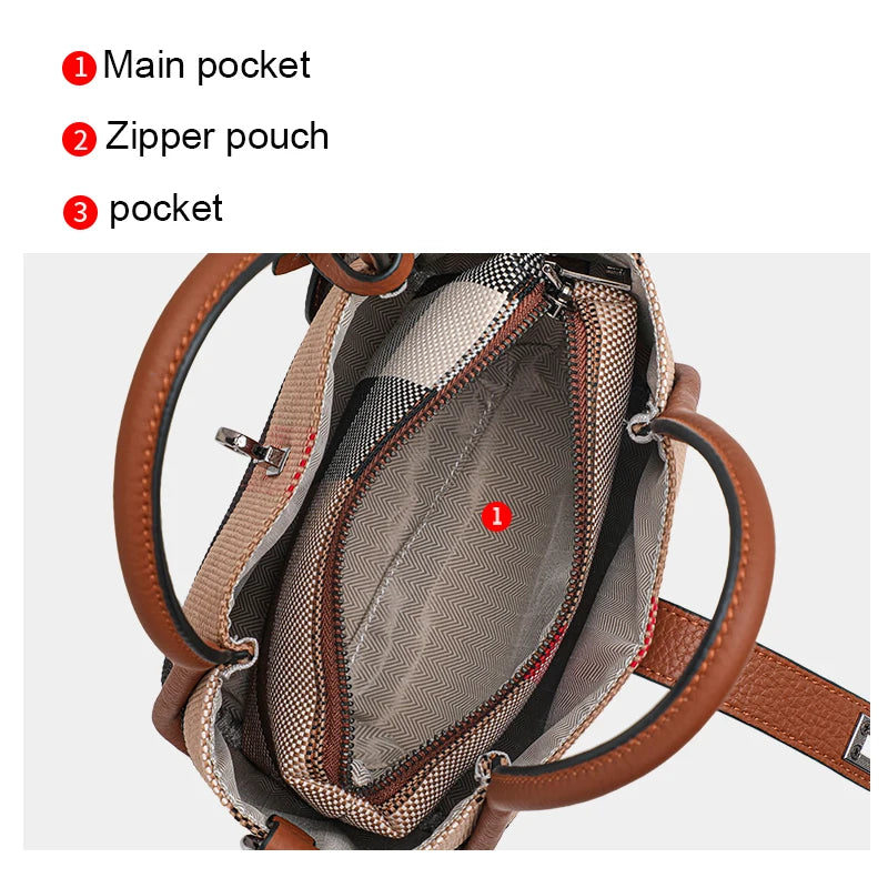 Sac à main à carreaux Aidrani New pour femme, style mini, en toile et cuir de vache, marron