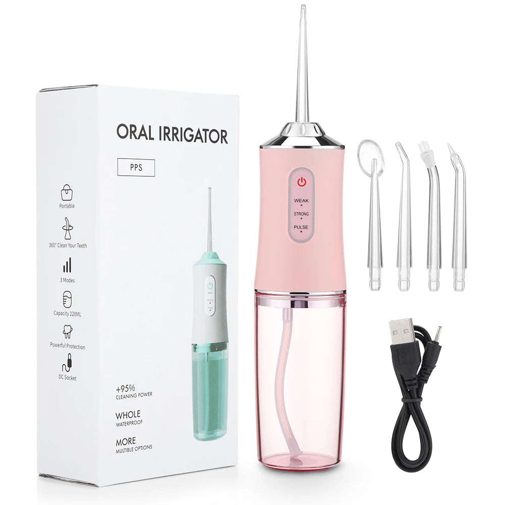 Hydropulseur dentaire portable, rechargeable par USB, 4 jets, 220 ml, 3 modes, IPX7, 1 400 tr/min