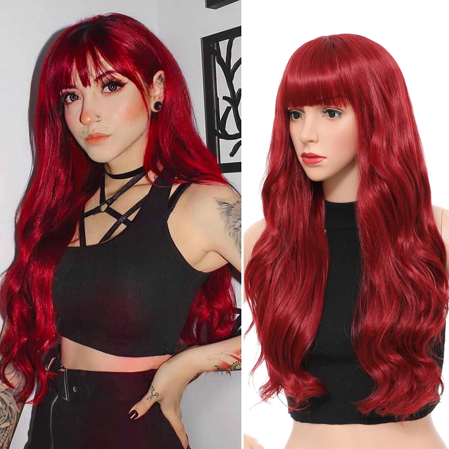 Perruques synthétiques longues Aigemei avec frange, 66 cm, cheveux bouclés ondulés pour femme, fibre haute température, couleur noir et marron