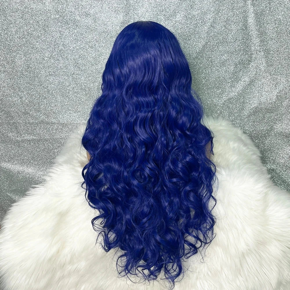 Perruque synthétique bouclée longue bleue, perruque sans colle de haute qualité, perruque frontale en dentelle bleu foncé pour femmes, perruques de cosplay haute densité