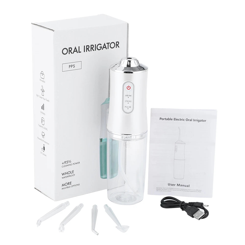 Hydropulseur dentaire portable, rechargeable par USB, 4 jets, 220 ml, 3 modes, IPX7, 1 400 tr/min