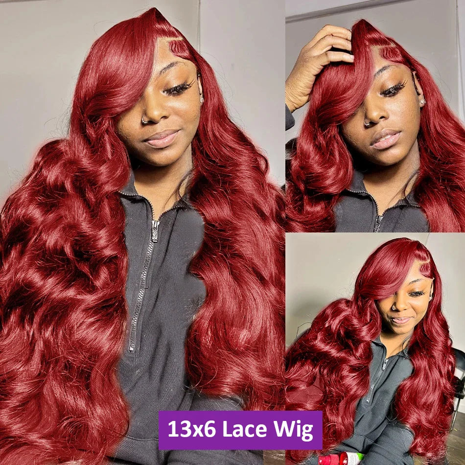 Perruque brésilienne Remy en cheveux humains ondulés bordeaux 99J, 13x6, avec dentelle frontale transparente, couleur rouge, pour femmes