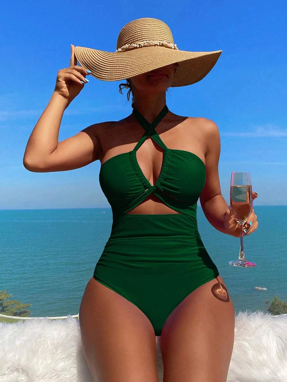 Maillot de bain une pièce à cordon de serrage pour femme, bikini taille haute, bandeau, dos nu, monokini, 2025