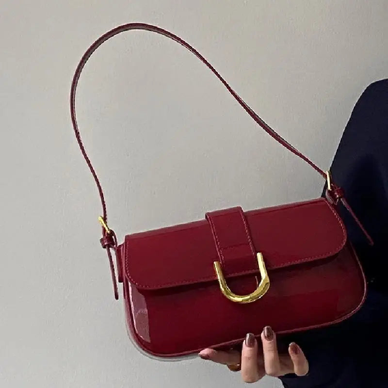 Sac à bandoulière rétro en cuir verni pour femme, sac à bandoulière à rabat de luxe, sac sous les bras de couleur unie, sac à bandoulière rouge pour femme