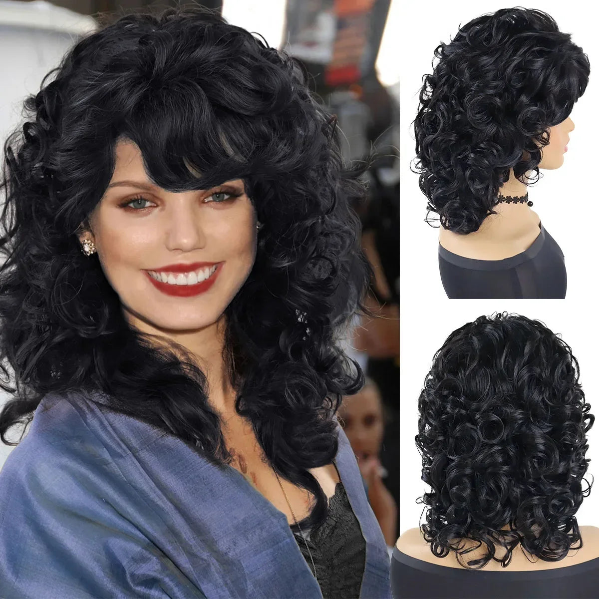 Perruques afro noires synthétiques avec frange pour femmes, perruques naturelles, moelleuses, rebondissantes et bouclées, résistantes à la chaleur, idéales pour un cosplay quotidien ou une fête.
