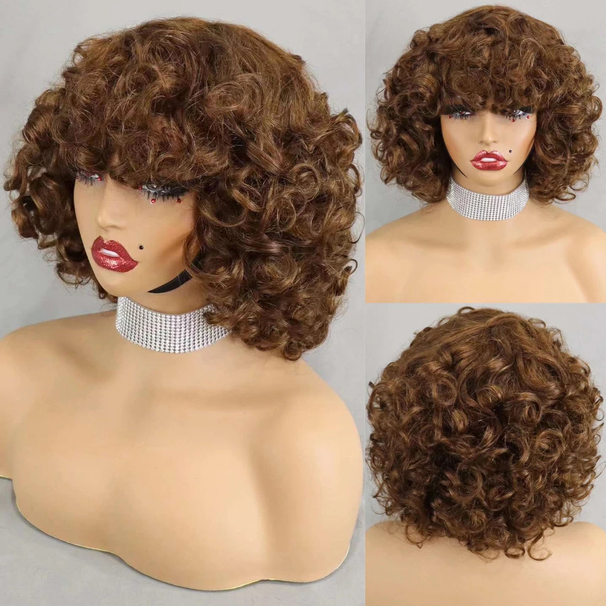 Perruques de cheveux humains bouclés et rebondissants bordeaux 99J #, densité 200 %, avec frange, courtes, bouclées et lâches, fabriquées à la machine, pré-épilées pour femmes