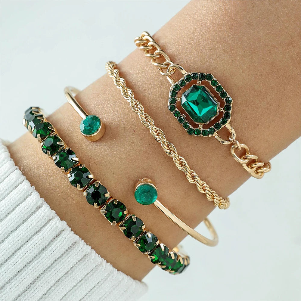 Lot de 4 bracelets tendance en métal et strass, imitation serpent, pour femme, idéal comme cadeau d'anniversaire ou de fête