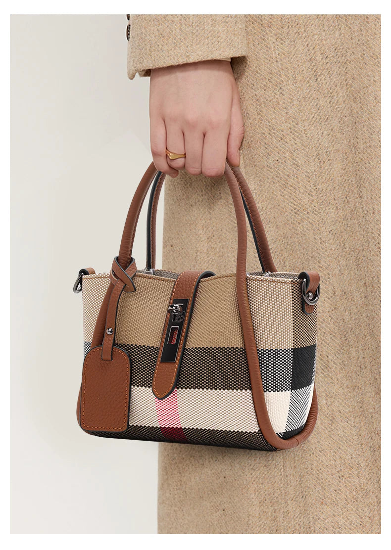 Sac à main à carreaux Aidrani New pour femme, style mini, en toile et cuir de vache, marron
