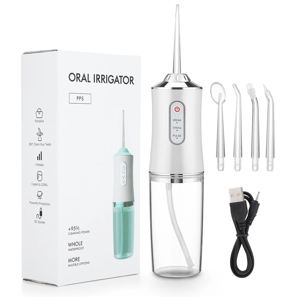 Hydropulseur dentaire portable, rechargeable par USB, 4 jets, 220 ml, 3 modes, IPX7, 1 400 tr/min