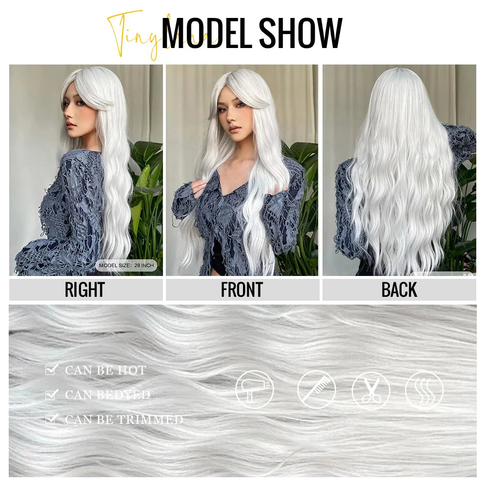 Perruques synthétiques longues bouclées gris cendré platine avec frange pour femmes, perruque afro ondulée profonde, perruque Lolita Cosplay, cheveux naturels résistants à la chaleur