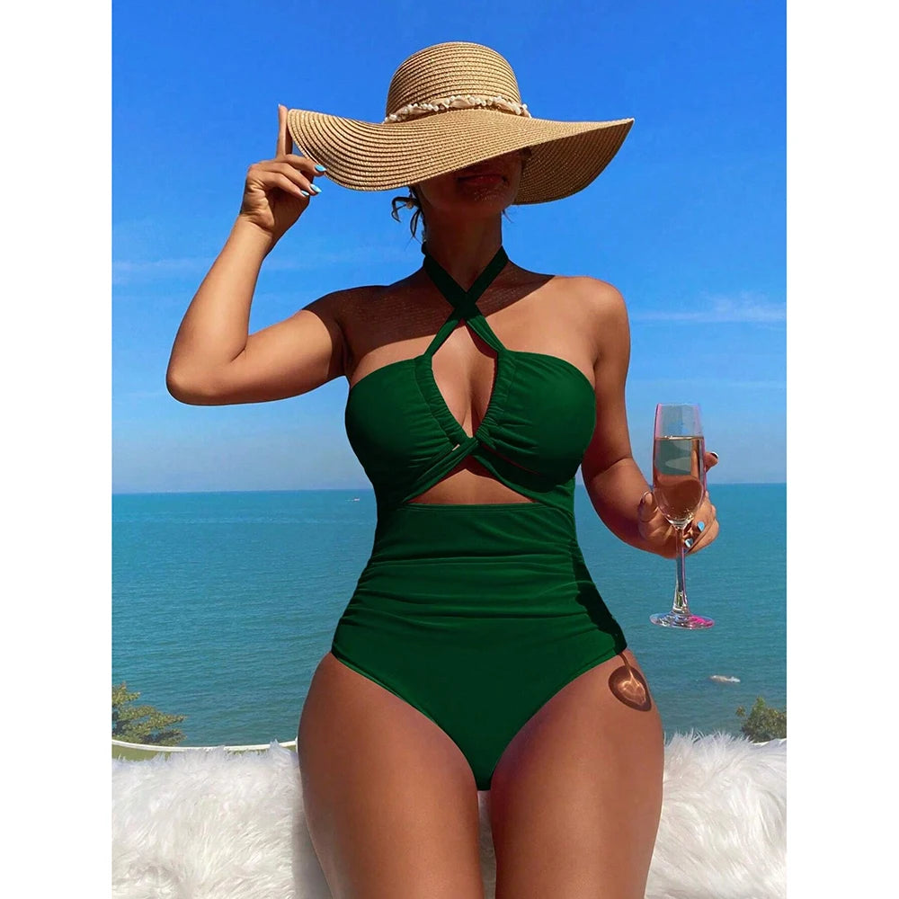 Maillot de bain une pièce à cordon de serrage pour femme, bikini taille haute, bandeau, dos nu, monokini, 2025