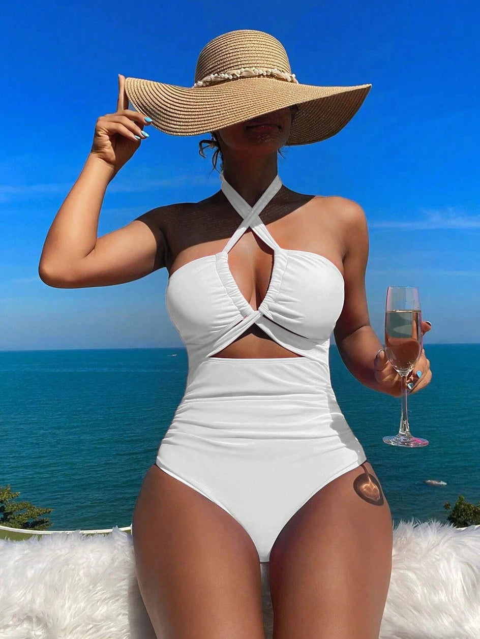Maillot de bain une pièce à cordon de serrage pour femme, bikini taille haute, bandeau, dos nu, monokini, 2025