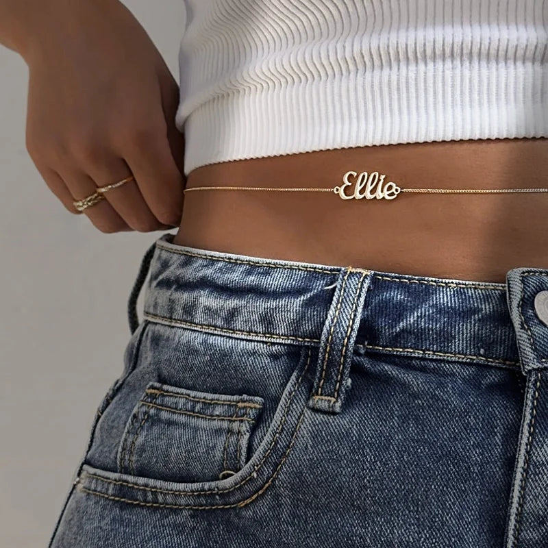Chaîne de taille personnalisée avec lettres, chiffres, logo, phrase, nom personnalisé, chaîne de ventre, chaîne de corps sexy, cadeaux de mariage pour demoiselles d'honneur