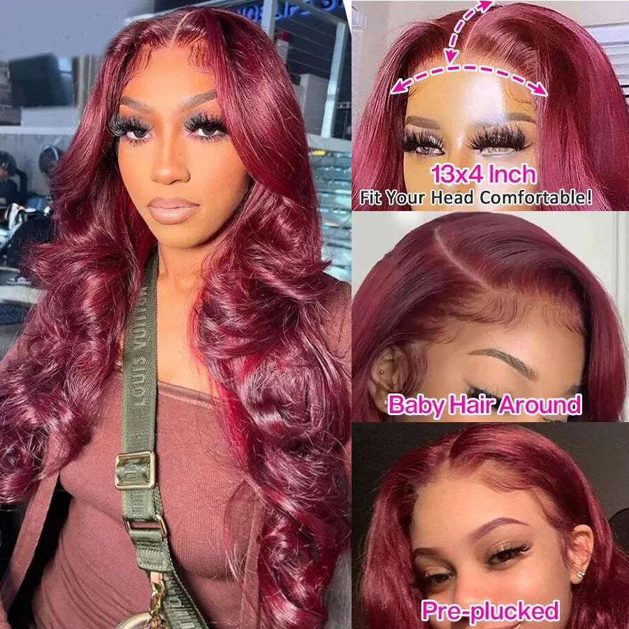 Perruque brésilienne Remy en cheveux humains ondulés bordeaux 99J, 13x6, avec dentelle frontale transparente, couleur rouge, pour femmes
