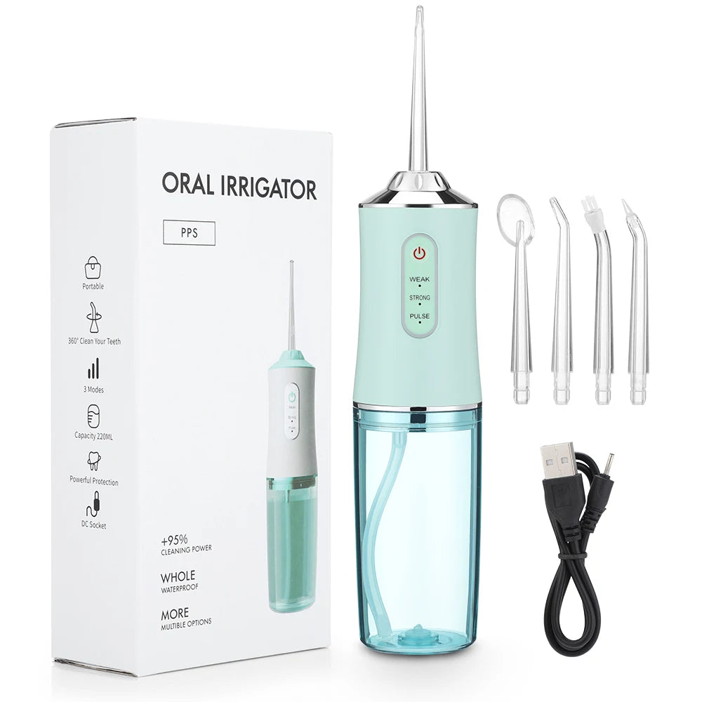 Hydropulseur dentaire portable, rechargeable par USB, 4 jets, 220 ml, 3 modes, IPX7, 1 400 tr/min