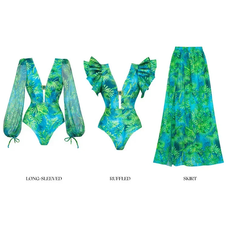 Maillot de bain une pièce à manches longues et jupe pour femme, imprimé vert jungle, 2025