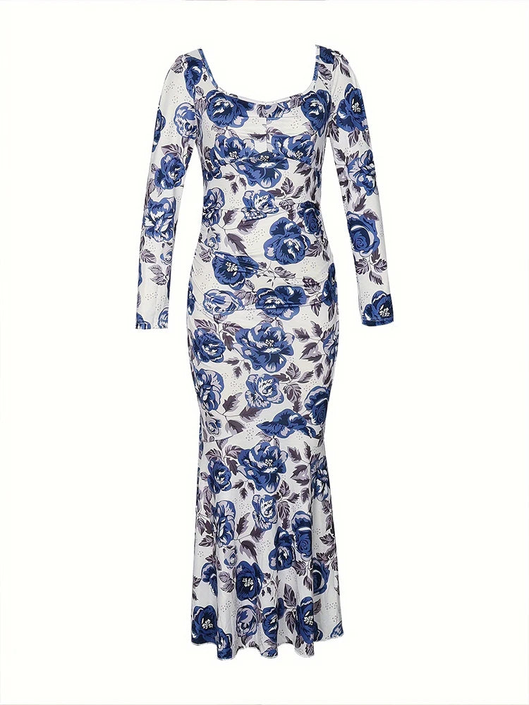 Robe élégante à manches longues et col carré pour femme, nouvelle collection printemps-été 2024