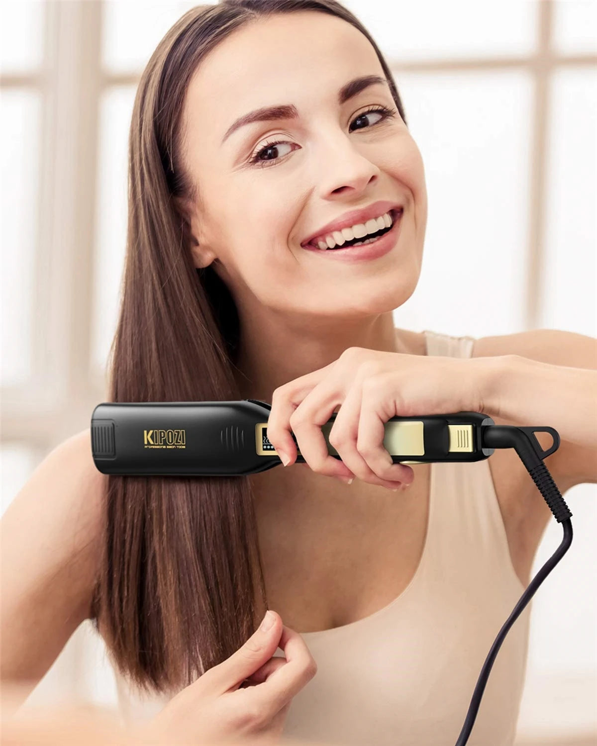 KIPOZI Professional Titanium Flat Iron Hair Straightener with Digital LCD Display Dual Voltage Instant Heating Curling Iron