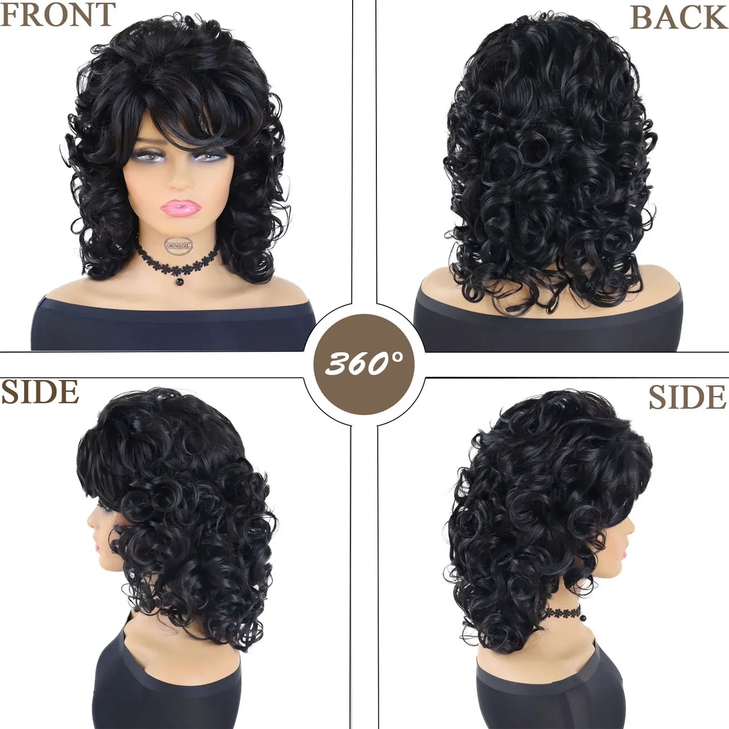 Perruques afro noires synthétiques avec frange pour femmes, perruques naturelles, moelleuses, rebondissantes et bouclées, résistantes à la chaleur, idéales pour un cosplay quotidien ou une fête.