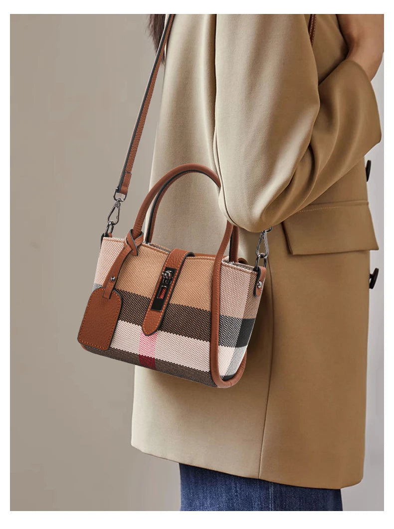 Sac à main à carreaux Aidrani New pour femme, style mini, en toile et cuir de vache, marron