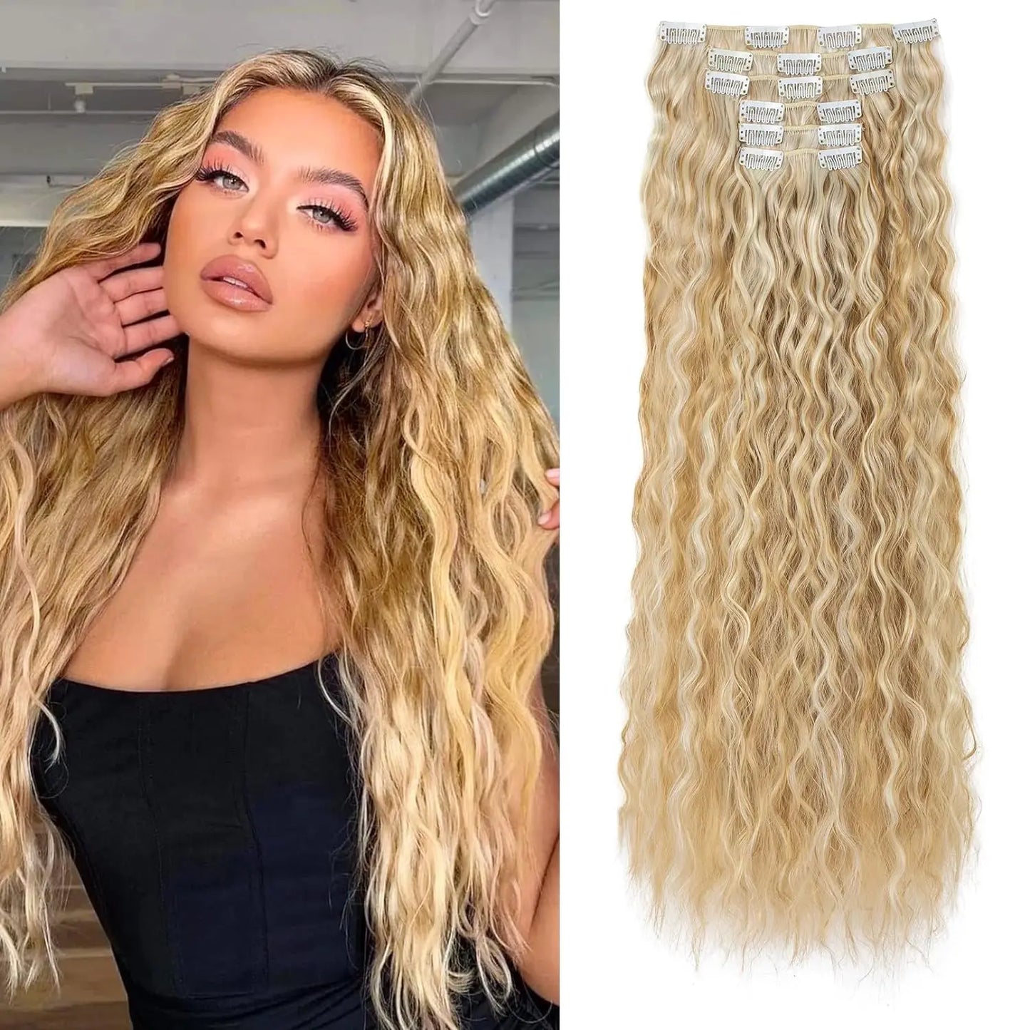 Extensions de cheveux à clipser, 16 clips, 55 cm de long, ondulées, pour femmes, tête complète, synthétiques