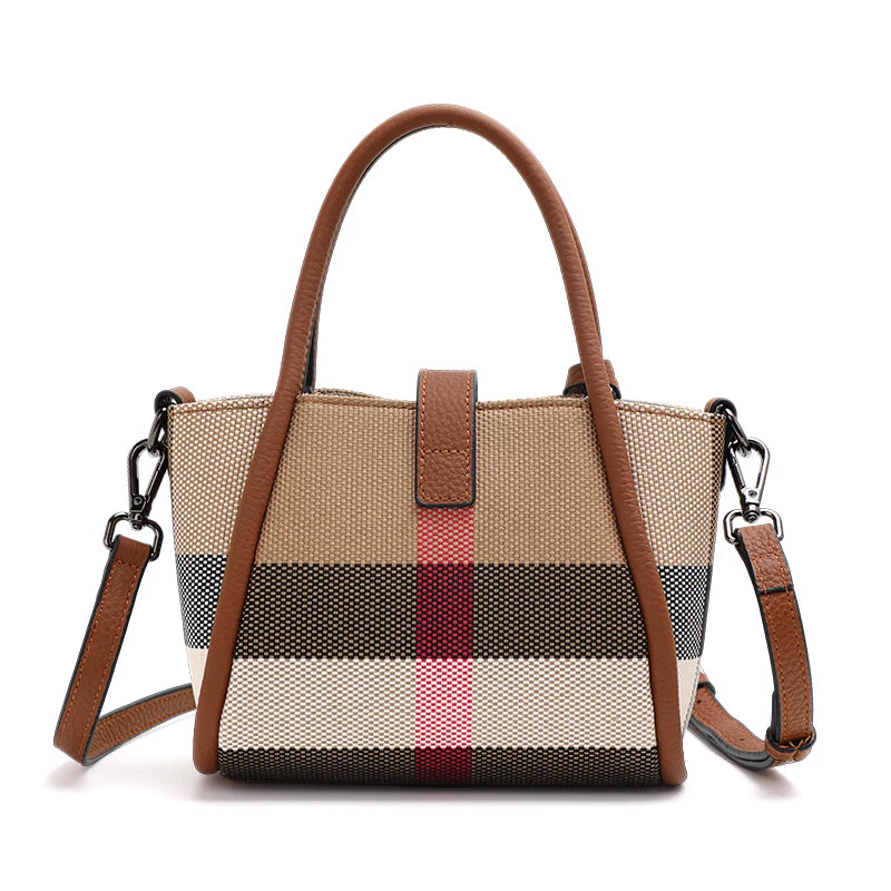 Sac à main à carreaux Aidrani New pour femme, style mini, en toile et cuir de vache, marron
