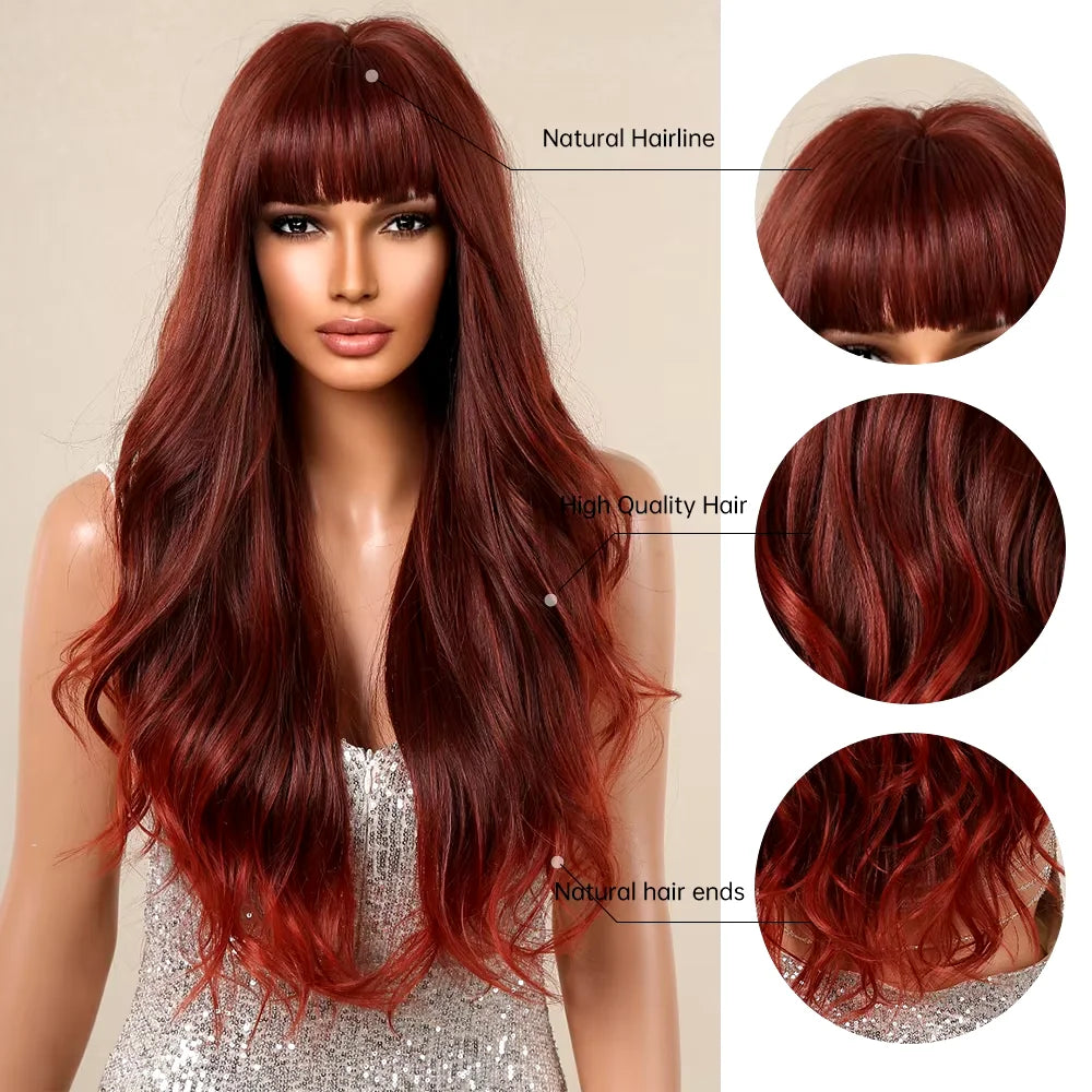 Perruques synthétiques longues ondulées bordeaux pour femmes, perruque rouge ombrée avec frange, faux cheveux naturels en fibre douce, résistante à la chaleur