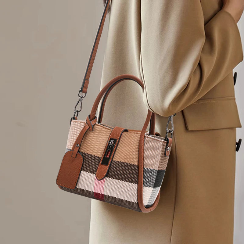 Sac à main à carreaux Aidrani New pour femme, style mini, en toile et cuir de vache, marron
