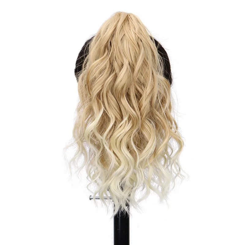 Extension capillaire synthétique courte ondulée de 35 cm, queue de cheval blonde et brune, à clipser, pour femme