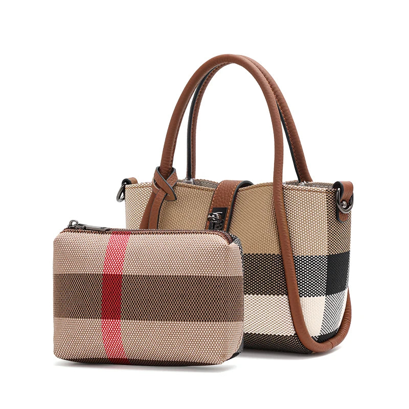 Sac à main à carreaux Aidrani New pour femme, style mini, en toile et cuir de vache, marron