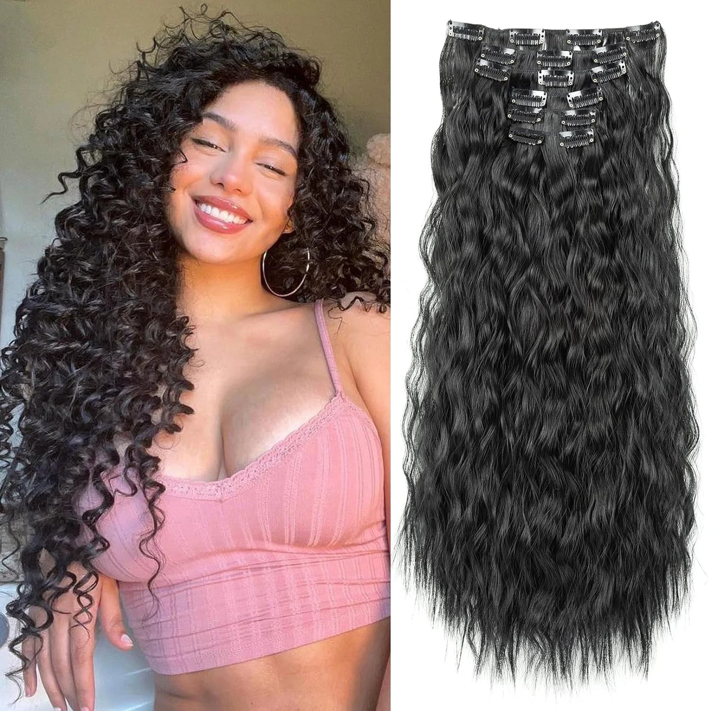 Extensions de cheveux à clipser, 16 clips, 55 cm de long, ondulées, pour femmes, tête complète, synthétiques