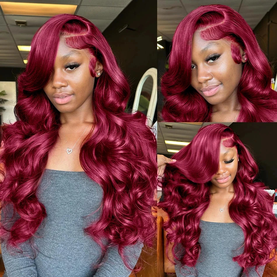 Perruque brésilienne Remy en cheveux humains ondulés bordeaux 99J, 13x6, avec dentelle frontale transparente, couleur rouge, pour femmes