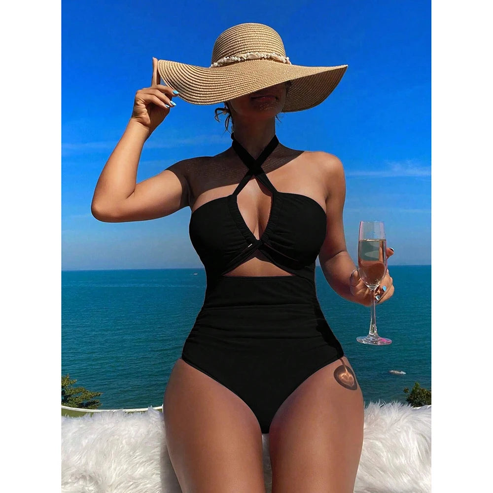 Maillot de bain une pièce à cordon de serrage pour femme, bikini taille haute, bandeau, dos nu, monokini, 2025