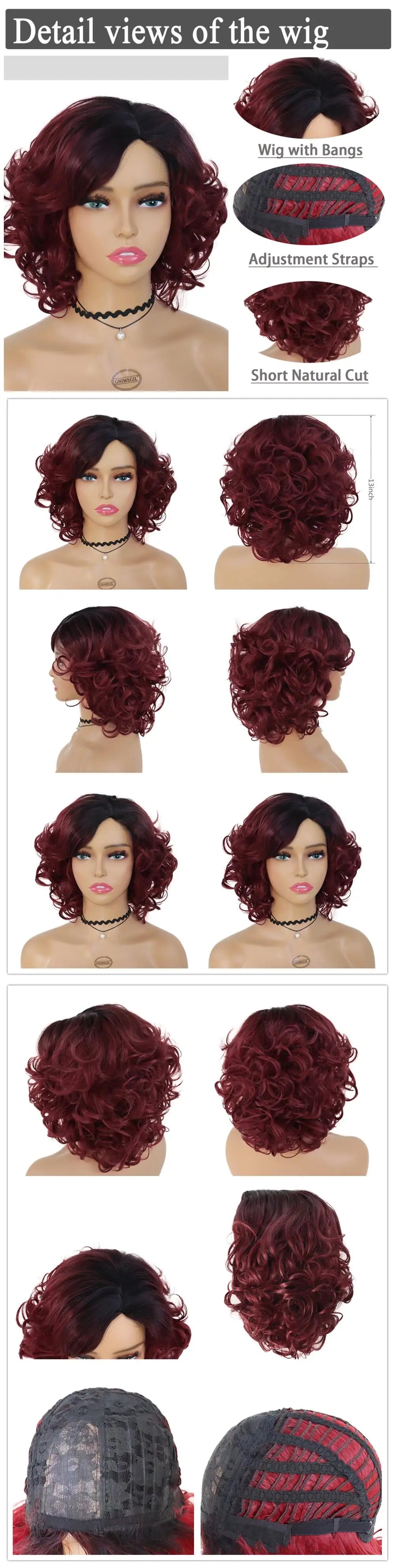 GNIMEGIL Synthetic Hair Afro Wig Kinky Curly Wigs for Black Women Short Hairstyle Wine Red Ombre Wig Dark Root Soft Hair Bob Wig