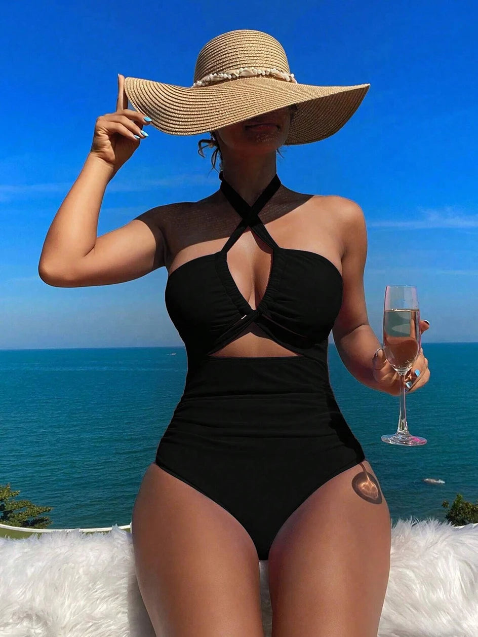 Maillot de bain une pièce à cordon de serrage pour femme, bikini taille haute, bandeau, dos nu, monokini, 2025