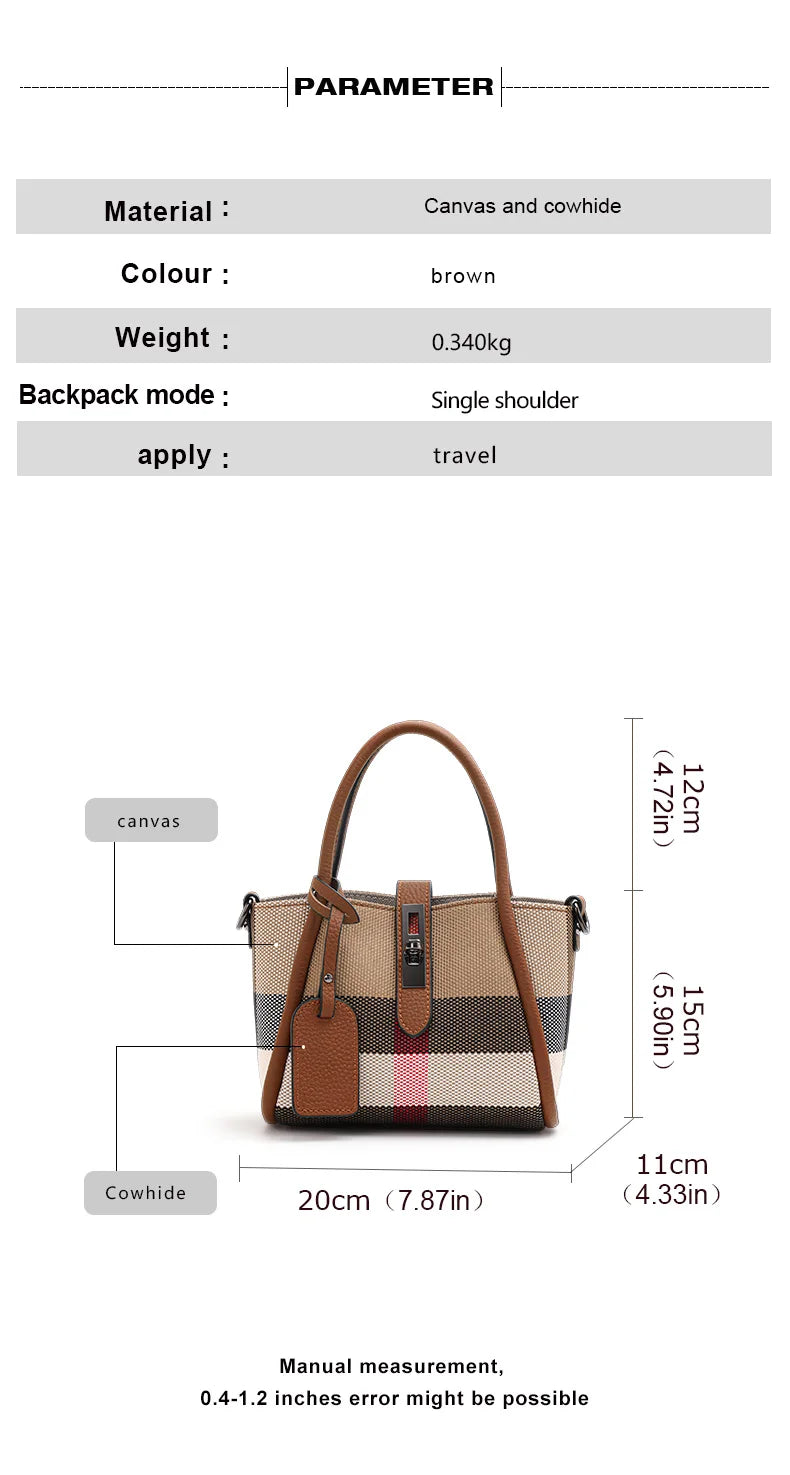 Sac à main à carreaux Aidrani New pour femme, style mini, en toile et cuir de vache, marron