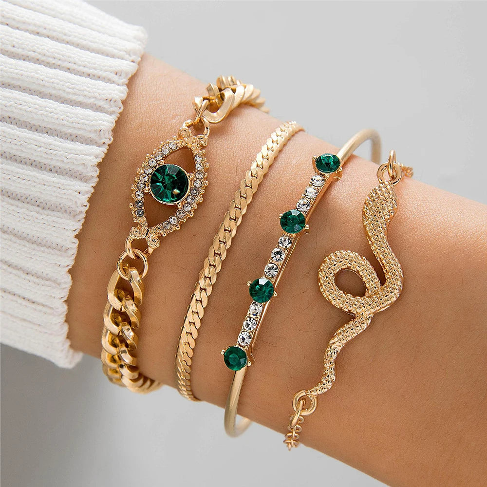 Lot de 4 bracelets tendance en métal et strass, imitation serpent, pour femme, idéal comme cadeau d'anniversaire ou de fête